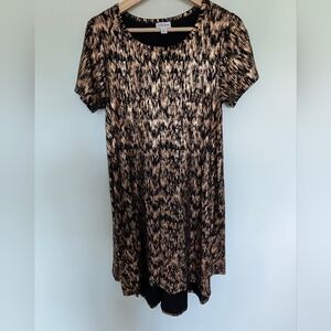LuLaRoe XS Carly High-Lo Swing Dress -Black w/Rose Gold Foil Scribble Overlay